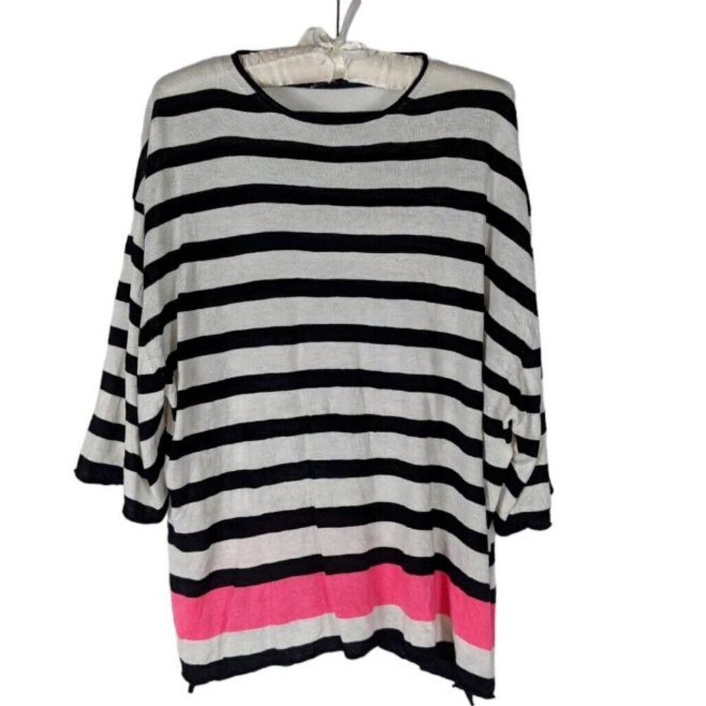 Zara Sz S Women's Black White Striped 3/4 Sleeve Pullover Knit Oversized Sweater
